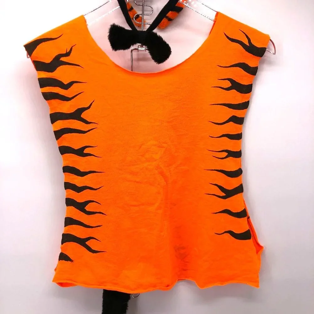 4 Piece Tiger Cat Costume Hand Painted & Cut Tee, Tail, Ears & Necktie Halloween